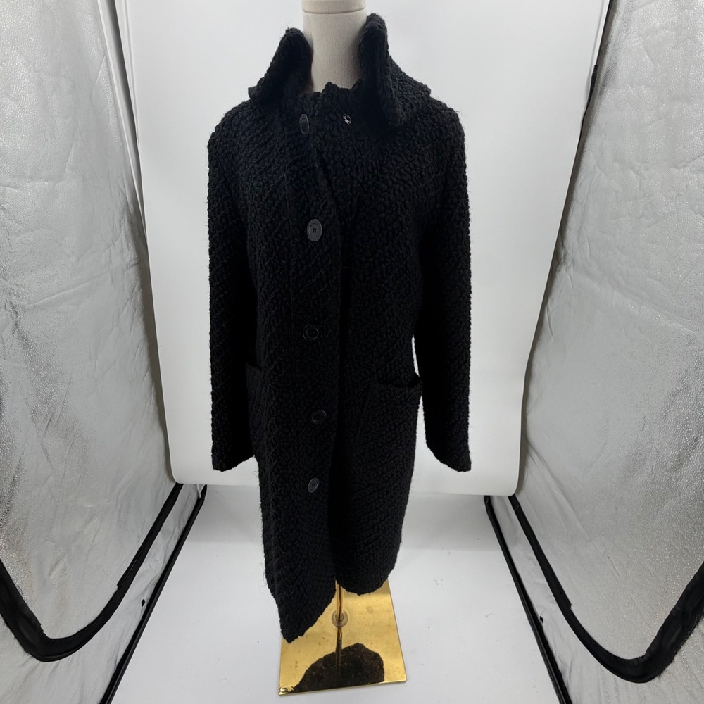 Cacharel Womens 12 Black Faux Astrakhan Boucle Longline Coat Floral Lining Logo